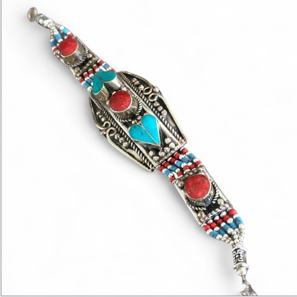 Artisan Made Turquoise and Coral Tibet Silver Bracelet
